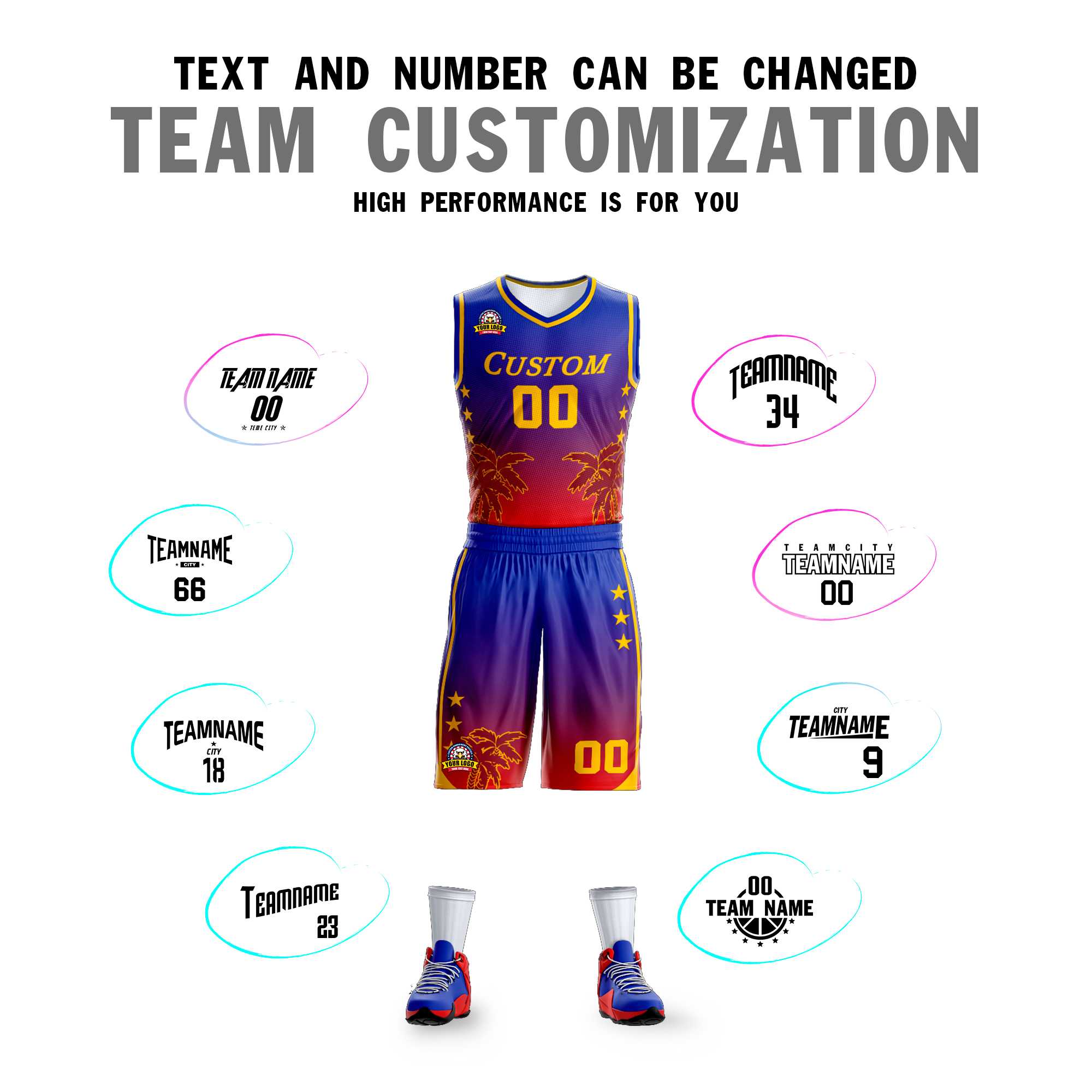 Custom Blue Purple-Red Gradient Fashion Coconut Palm Pattern Sports Uniform Basketball Jersey