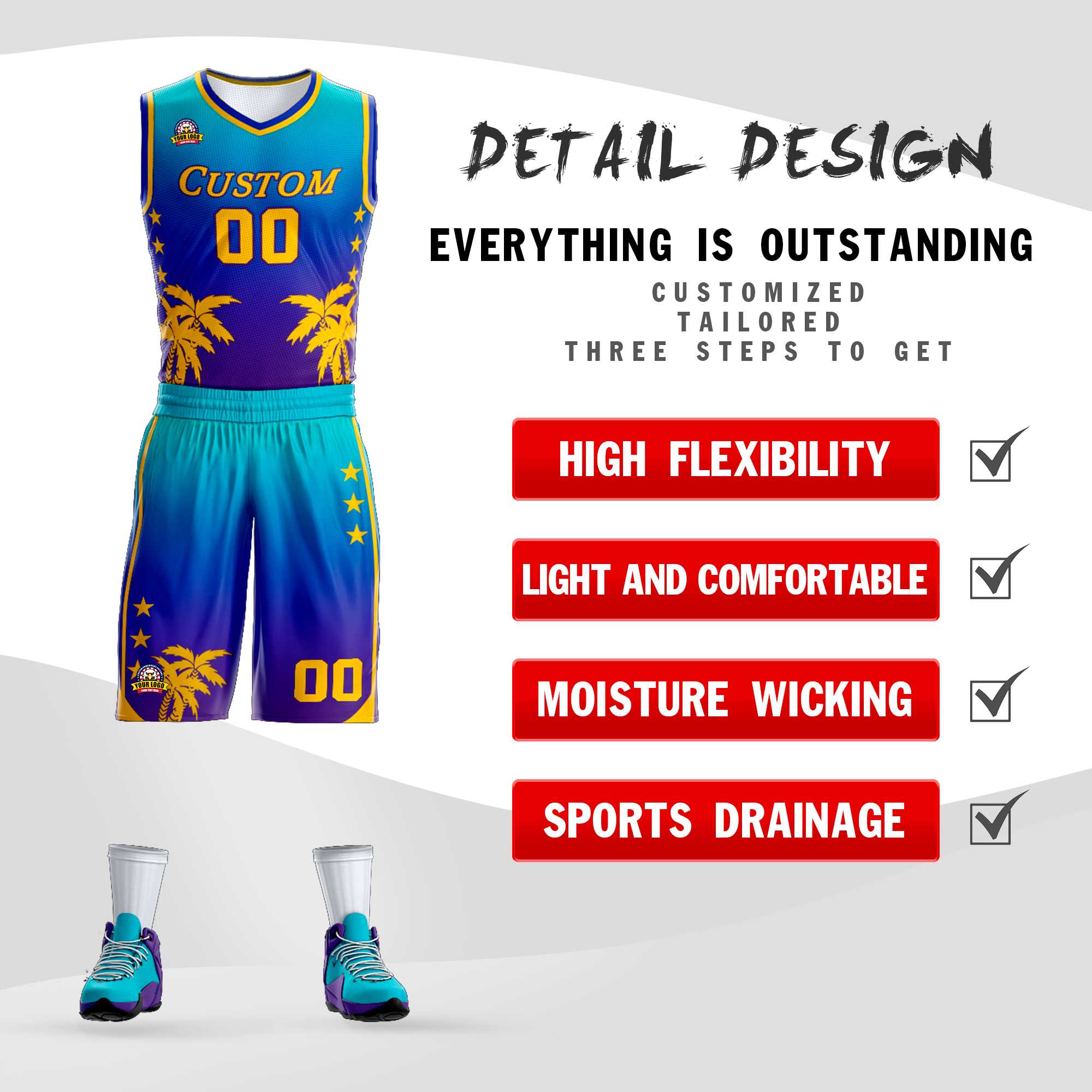 Maillot de basket-ball personnalisé, bleu Royal-violet dégradé, motif de cocotier, uniforme de sport, à la mode