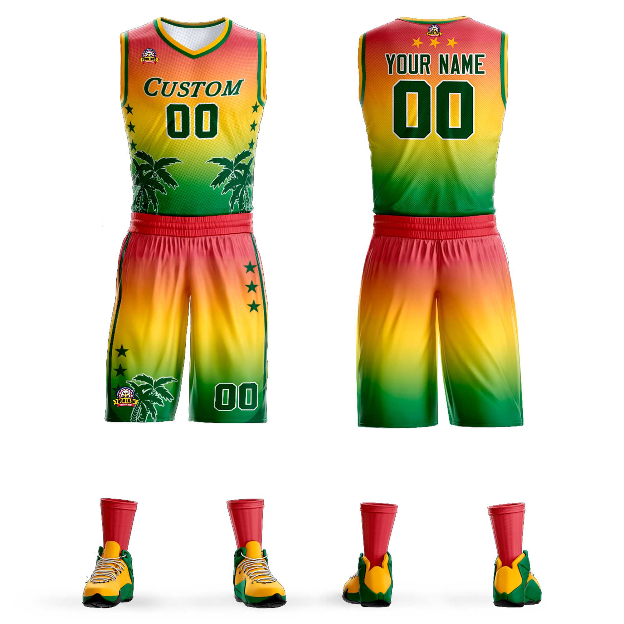 Maillot de basket-ball personnalisé, uniforme de sport à motif de cocotier, dégradé rouge jaune-vert, à la mode