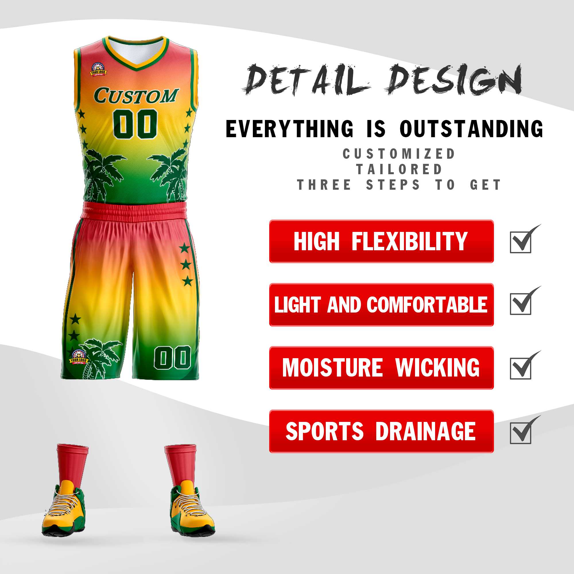 Maillot de basket-ball personnalisé, uniforme de sport à motif de cocotier, dégradé rouge jaune-vert, à la mode