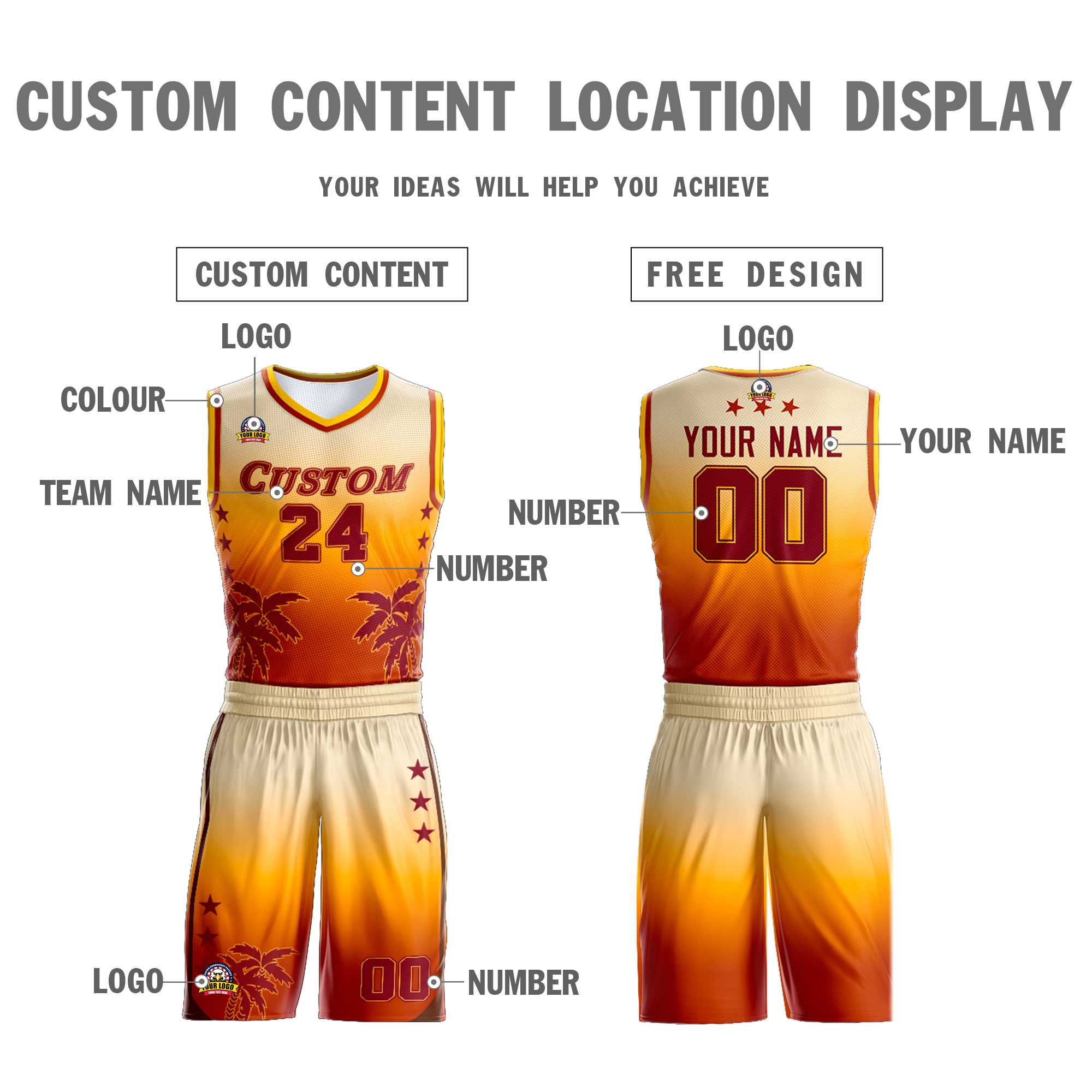 Custom Cream Yellow-Texas Orange Gradient Fashion Coconut Palm Pattern Sports Uniform Basketball Jersey