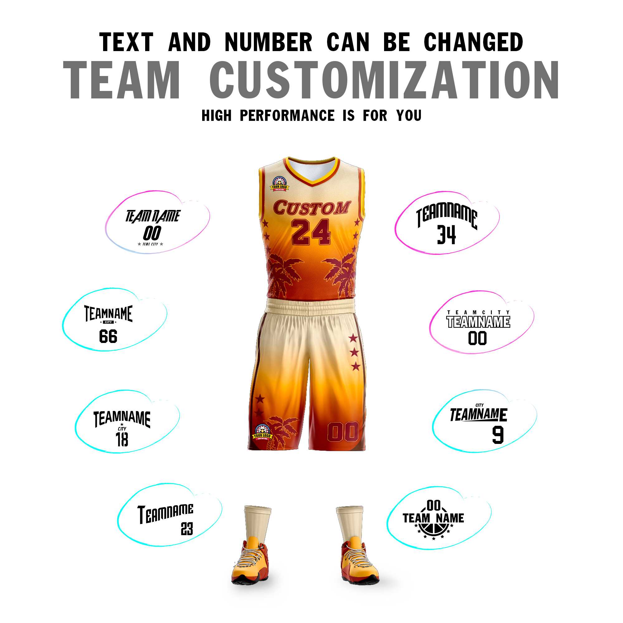 Custom Cream Yellow-Texas Orange Gradient Fashion Coconut Palm Pattern Sports Uniform Basketball Jersey