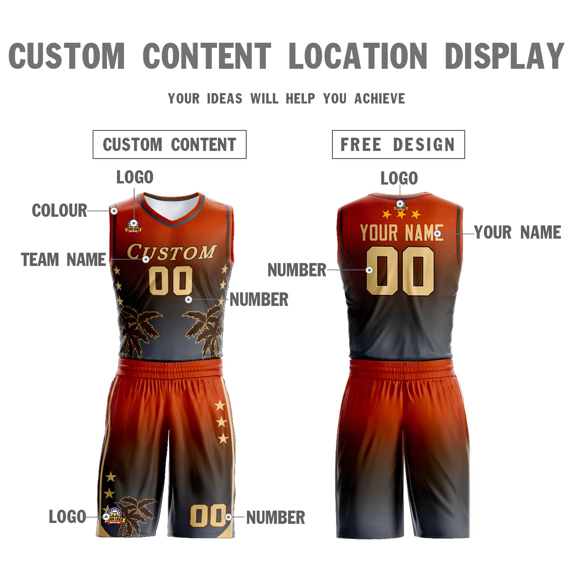 Custom Texas Orange Brown-Dark Gray Gradient Fashion Coconut Palm Pattern Sports Uniform Basketball Jersey