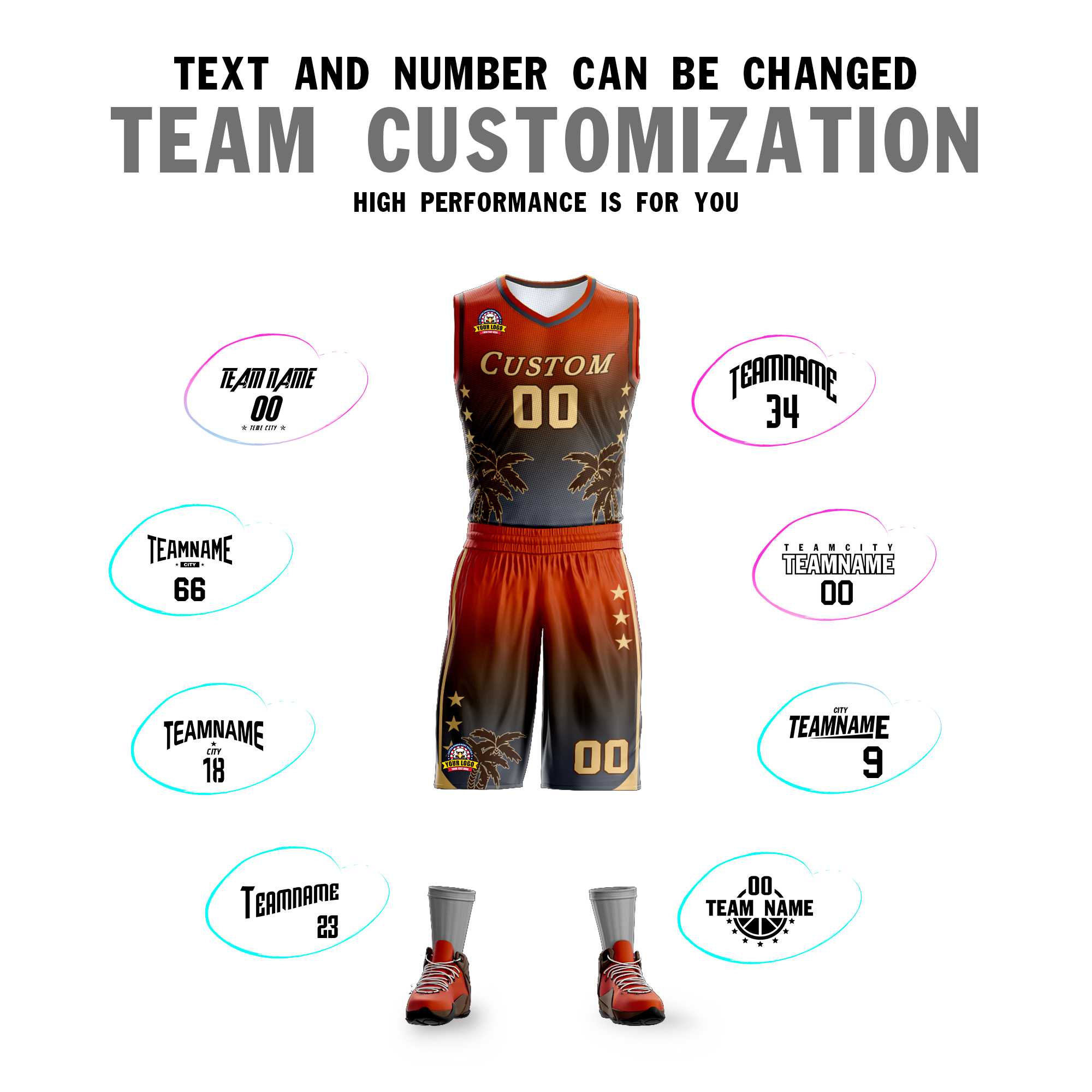 Custom Texas Orange Brown-Dark Gray Gradient Fashion Coconut Palm Pattern Sports Uniform Basketball Jersey