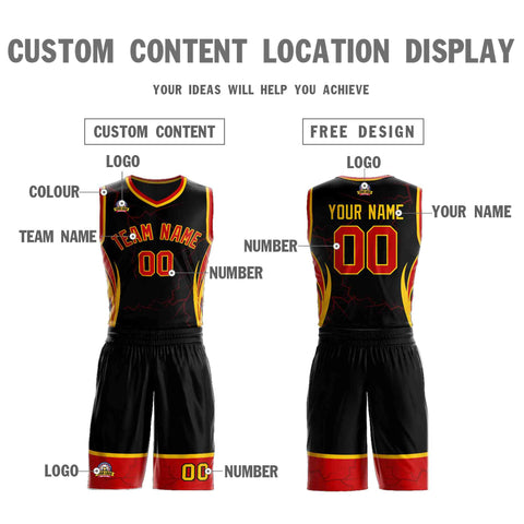 Custom Black Red-Gold Graffiti Pattern Sets Lightning Basketball Jersey