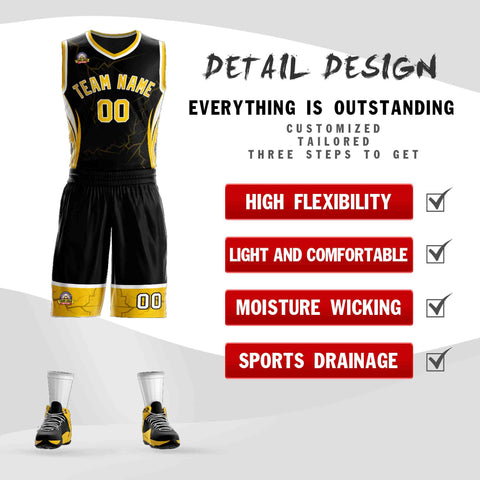 Custom Black Gold-White Graffiti Pattern Sets Lightning Basketball Jersey