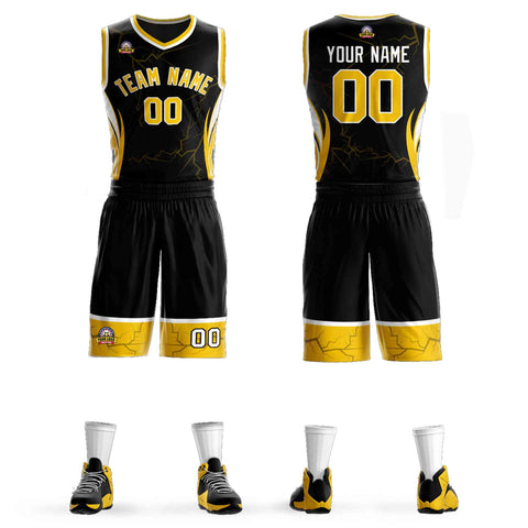 Custom Black Gold-White Graffiti Pattern Sets Lightning Basketball Jersey