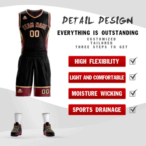 Custom Black Maroon-Khaki Graffiti Pattern Sets Lightning Basketball Jersey