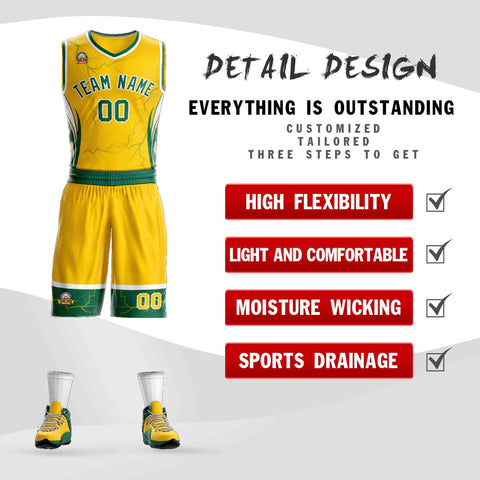 Custom Gold Kelly Green-White Graffiti Pattern Sets Lightning Basketball Jersey