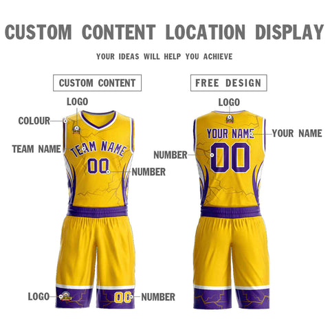 Custom Gold Purple-White Graffiti Pattern Sets Lightning Basketball Jersey