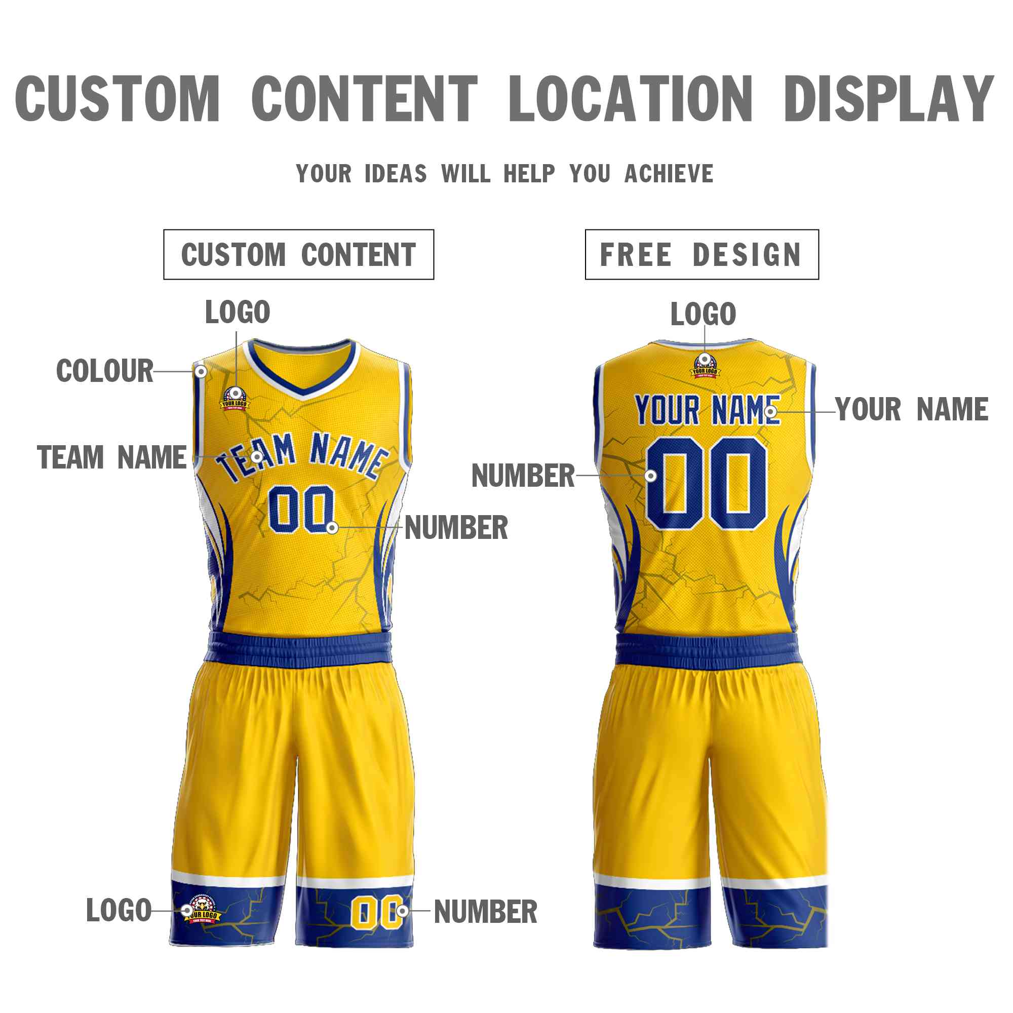 Custom Gold Royal-White Graffiti Pattern Sets Lightning Basketball Jersey