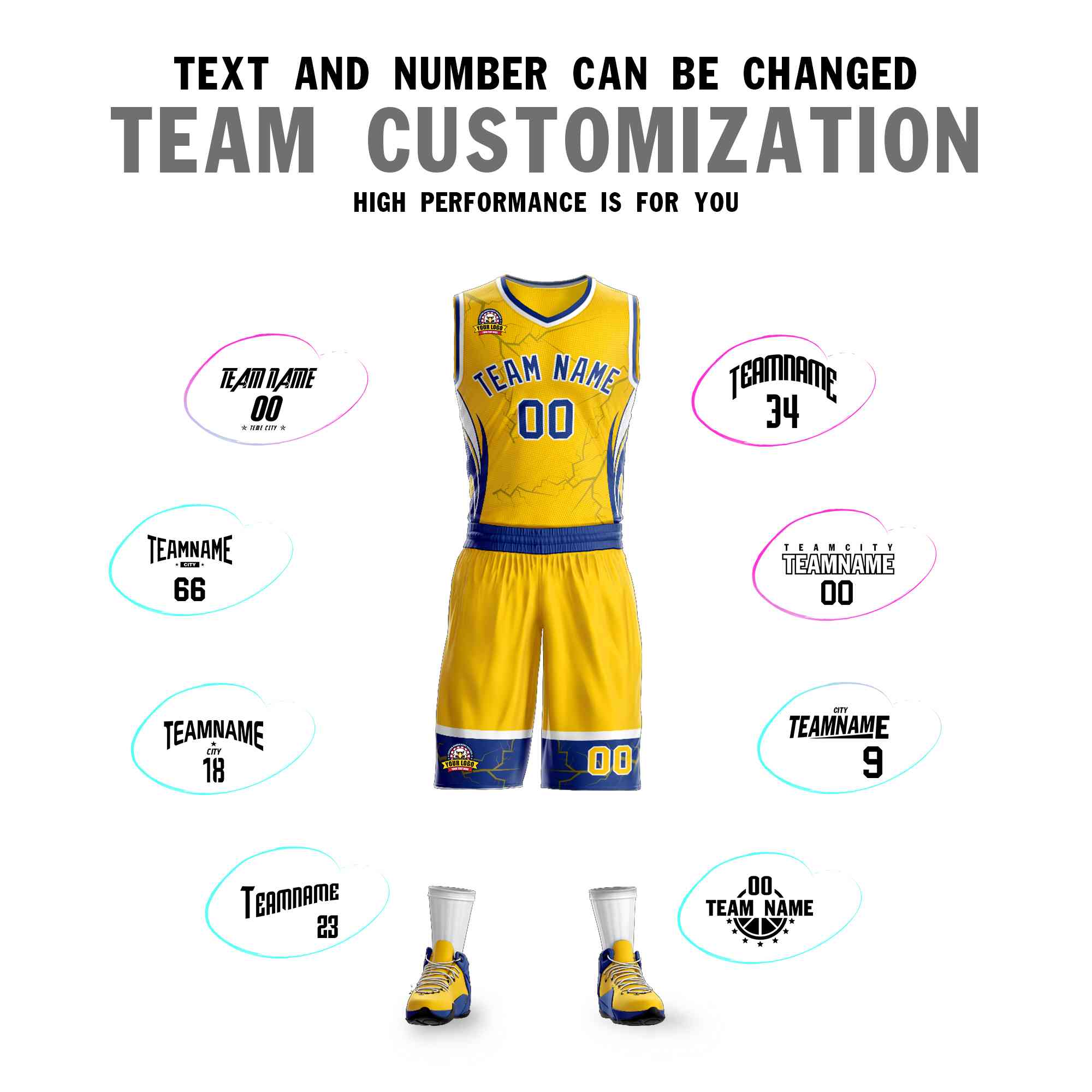 Custom Gold Royal-White Graffiti Pattern Sets Lightning Basketball Jersey