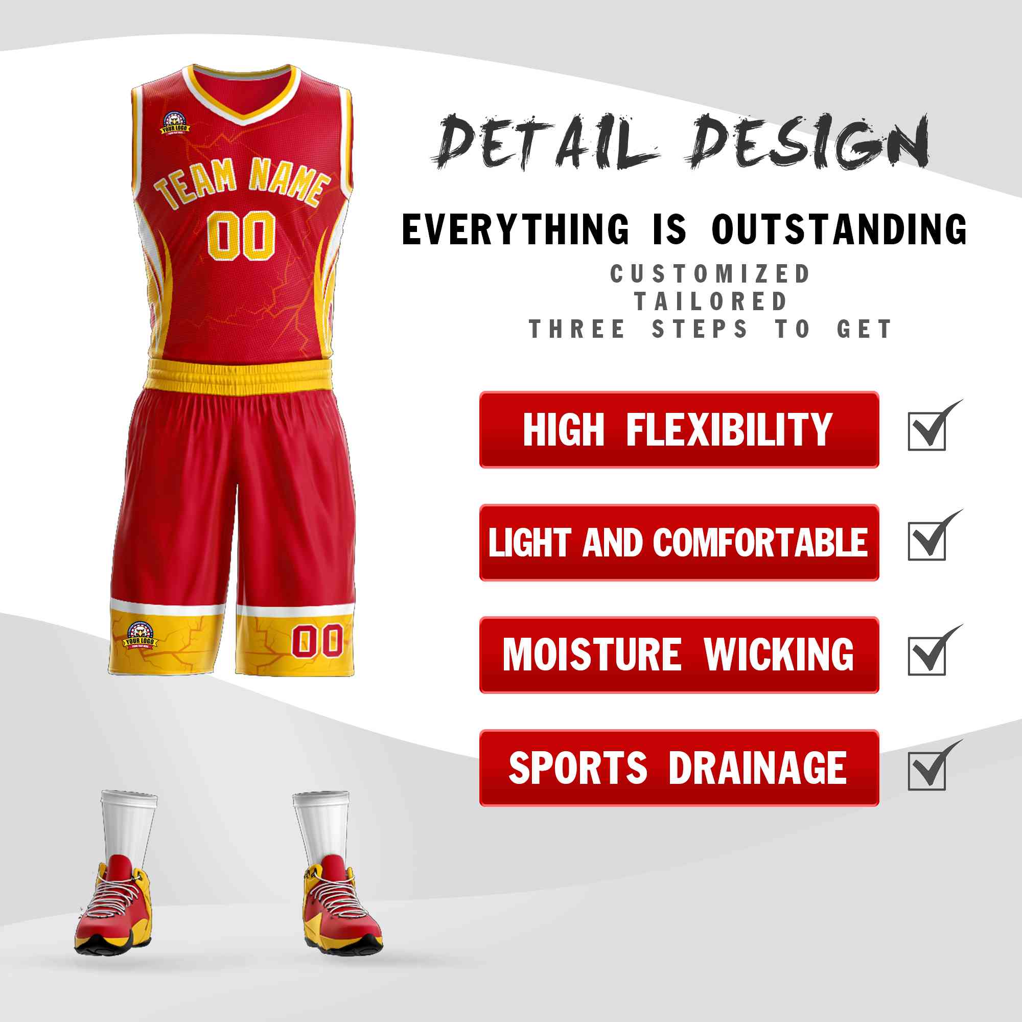 Le motif de graffiti personnalisé rouge or-blanc définit le maillot de basket-ball Lightning