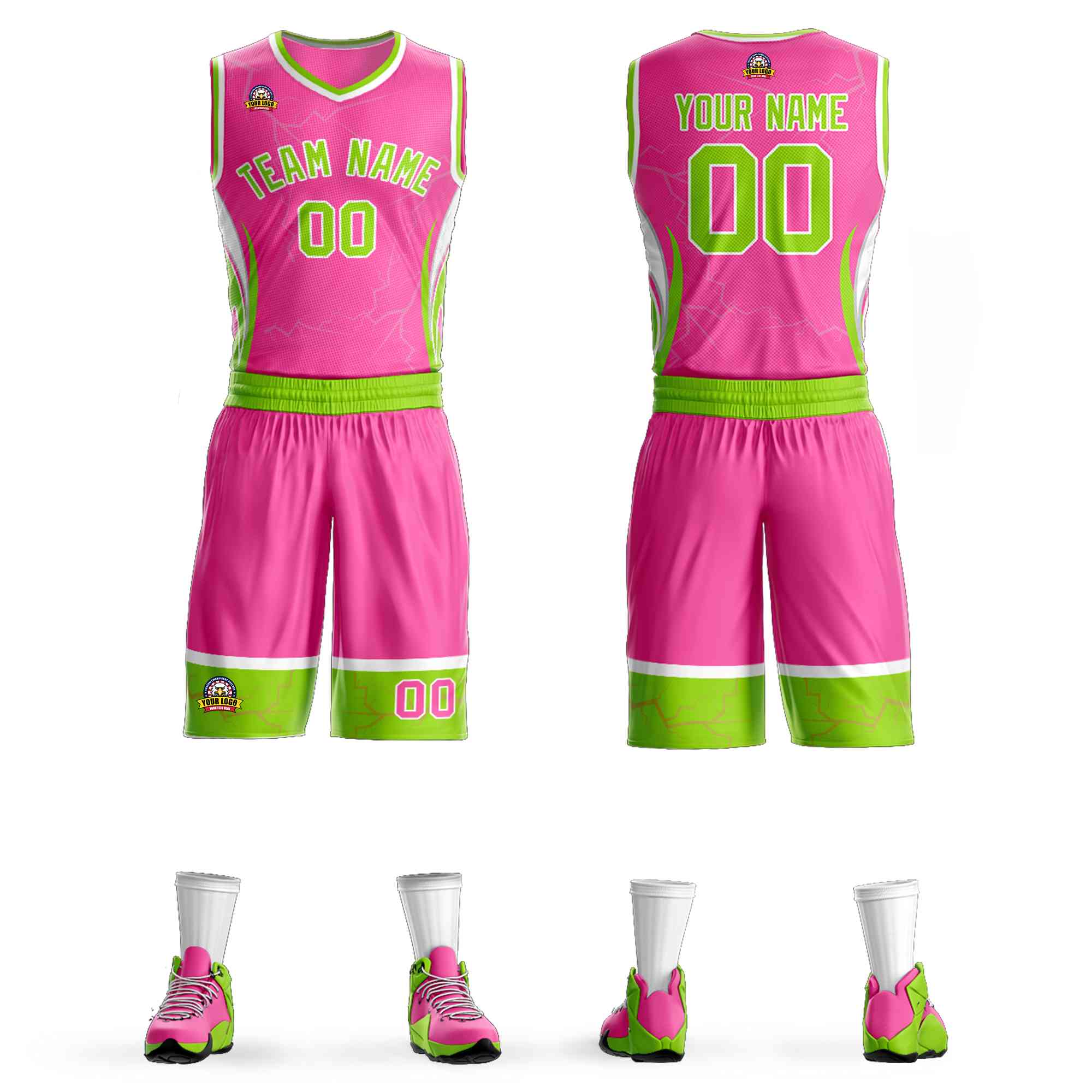 Maillot de basket-ball Lightning personnalisé à motifs de graffitis rose néon vert-blanc