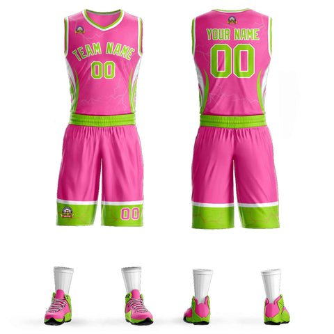 Custom Pink Neon Green-White Graffiti Pattern Sets Lightning Basketball Jersey