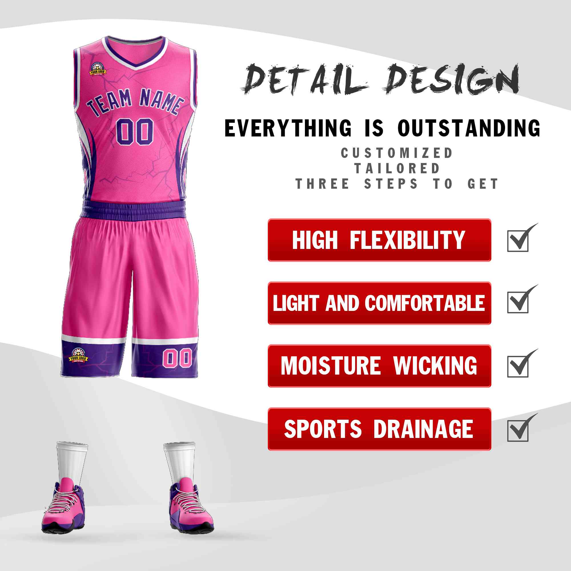 Le motif de graffiti personnalisé rose violet-blanc définit le maillot de basket-ball Lightning