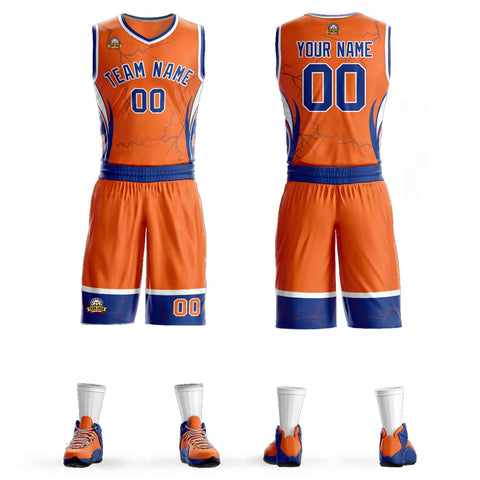 Custom Orange Royal-White Graffiti Pattern Sets Lightning Basketball Jersey