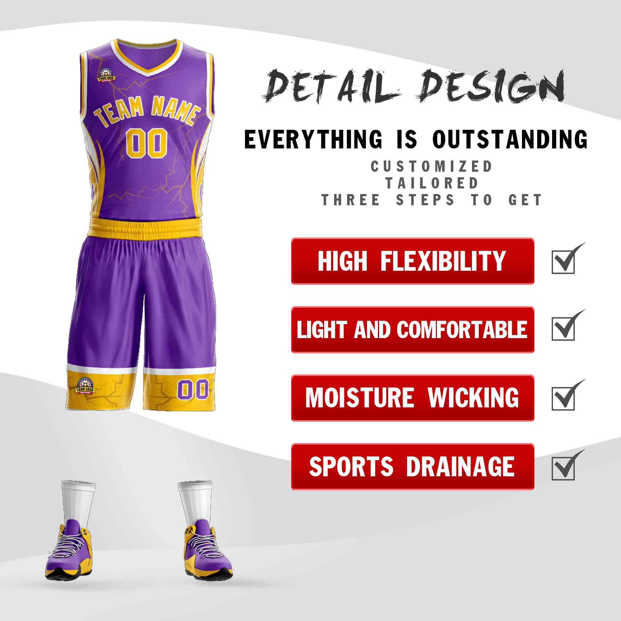 Custom Purple Gold-White Graffiti Pattern Sets Lightning Basketball Jersey