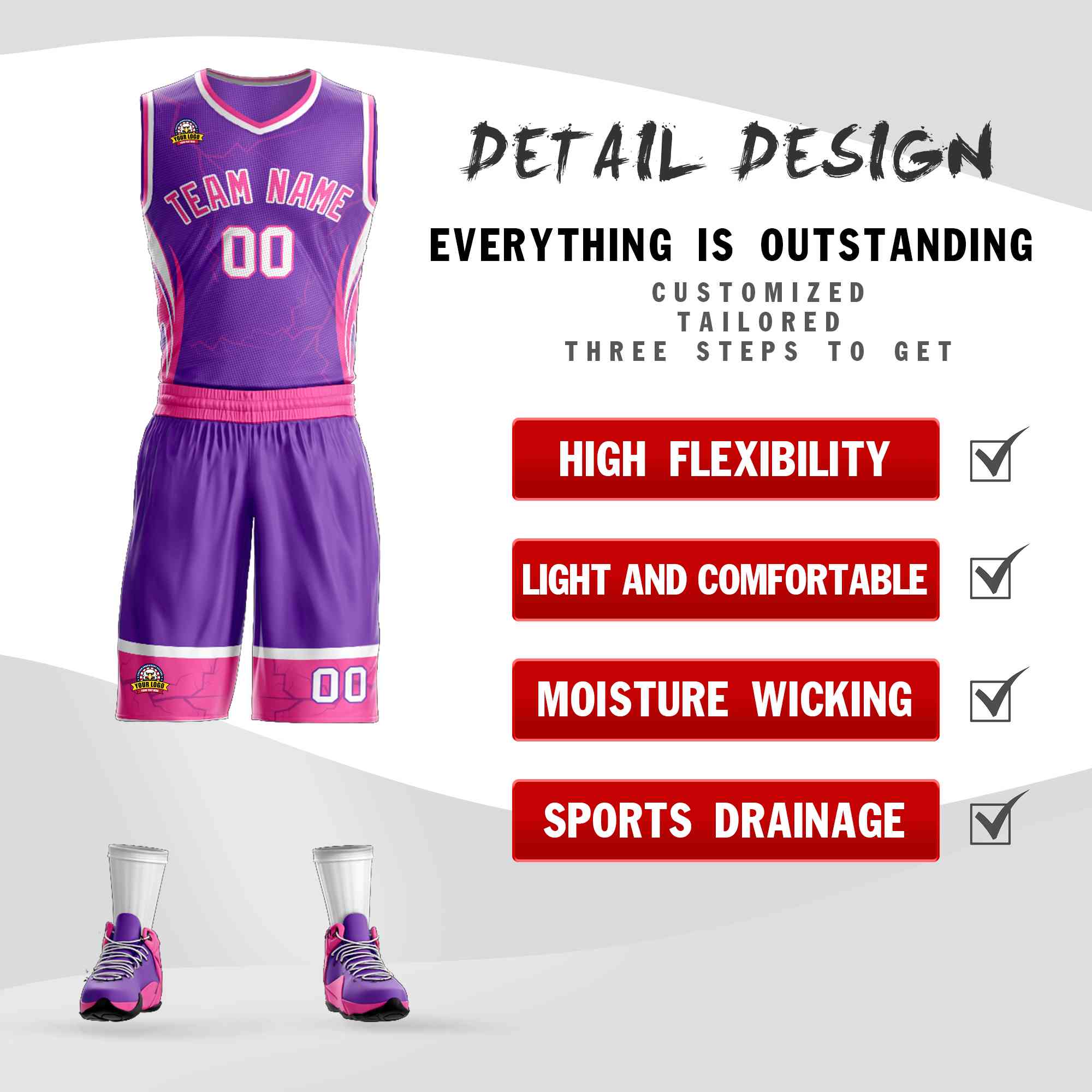 Le motif de graffiti personnalisé violet rose-blanc définit le maillot de basket-ball Lightning