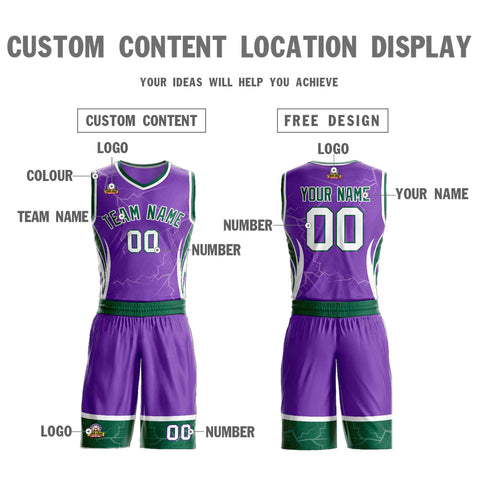 Custom Purple Green-White Graffiti Pattern Sets Lightning Basketball Jersey