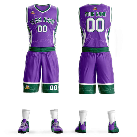 Custom Purple Green-White Graffiti Pattern Sets Lightning Basketball Jersey