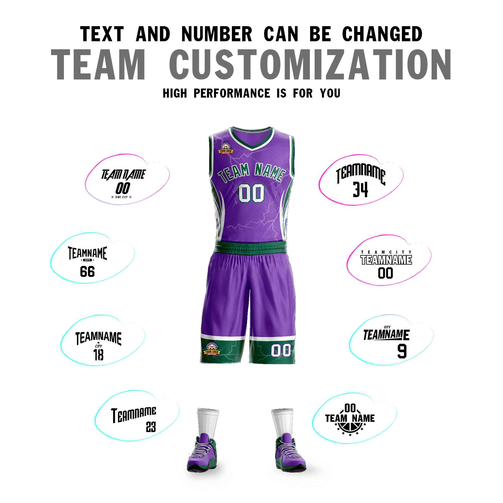 Custom Purple Green-White Graffiti Pattern Sets Lightning Basketball Jersey