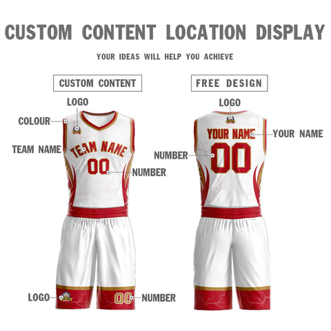Custom White Red-Old Gold Graffiti Pattern Sets Lightning Basketball Jersey