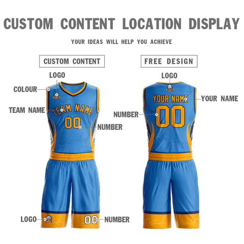 Custom Powder Blue Gold-Navy Graffiti Pattern Sets Lightning Basketball Jersey