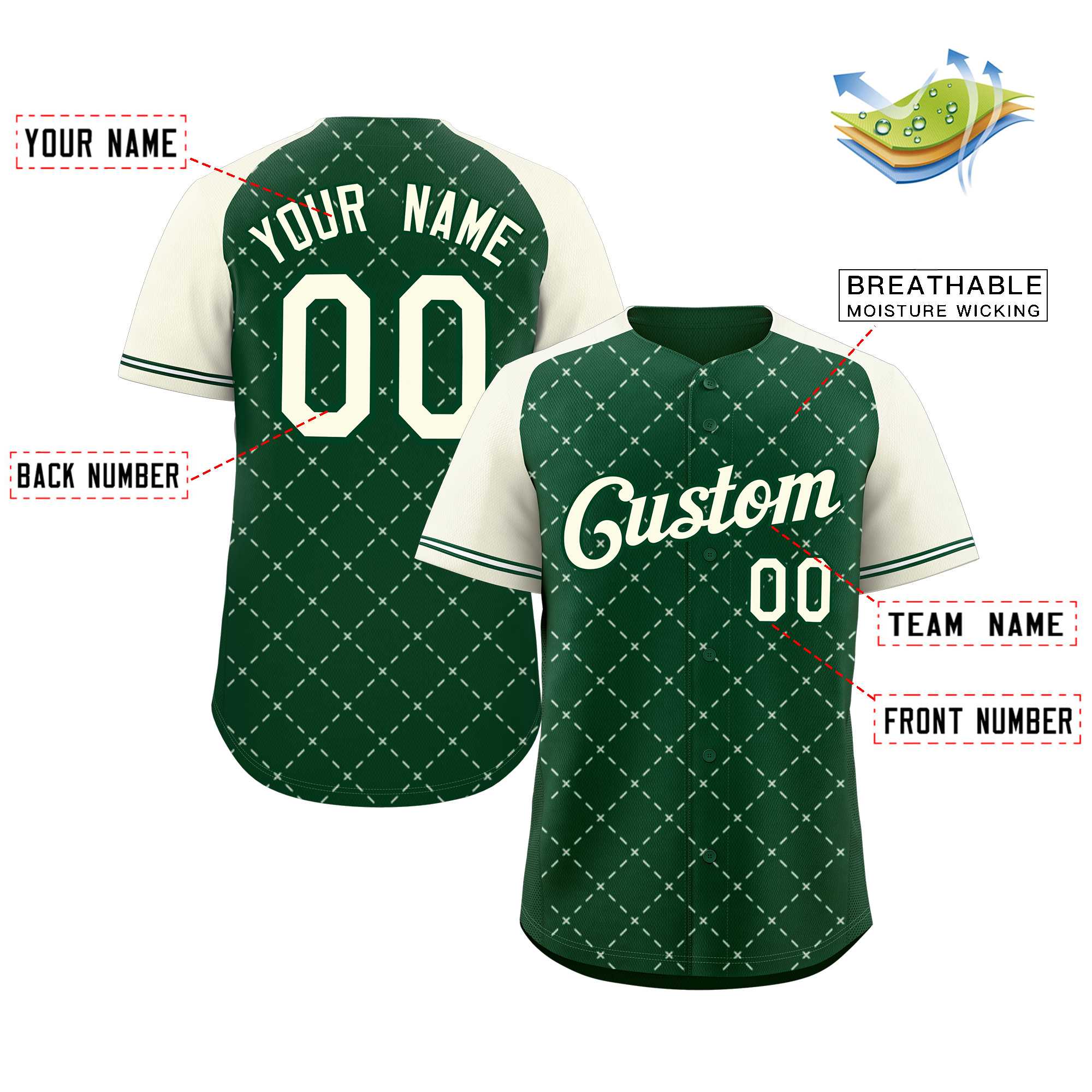 Maillot de baseball authentique à losange vert kaki-vert personnalisé