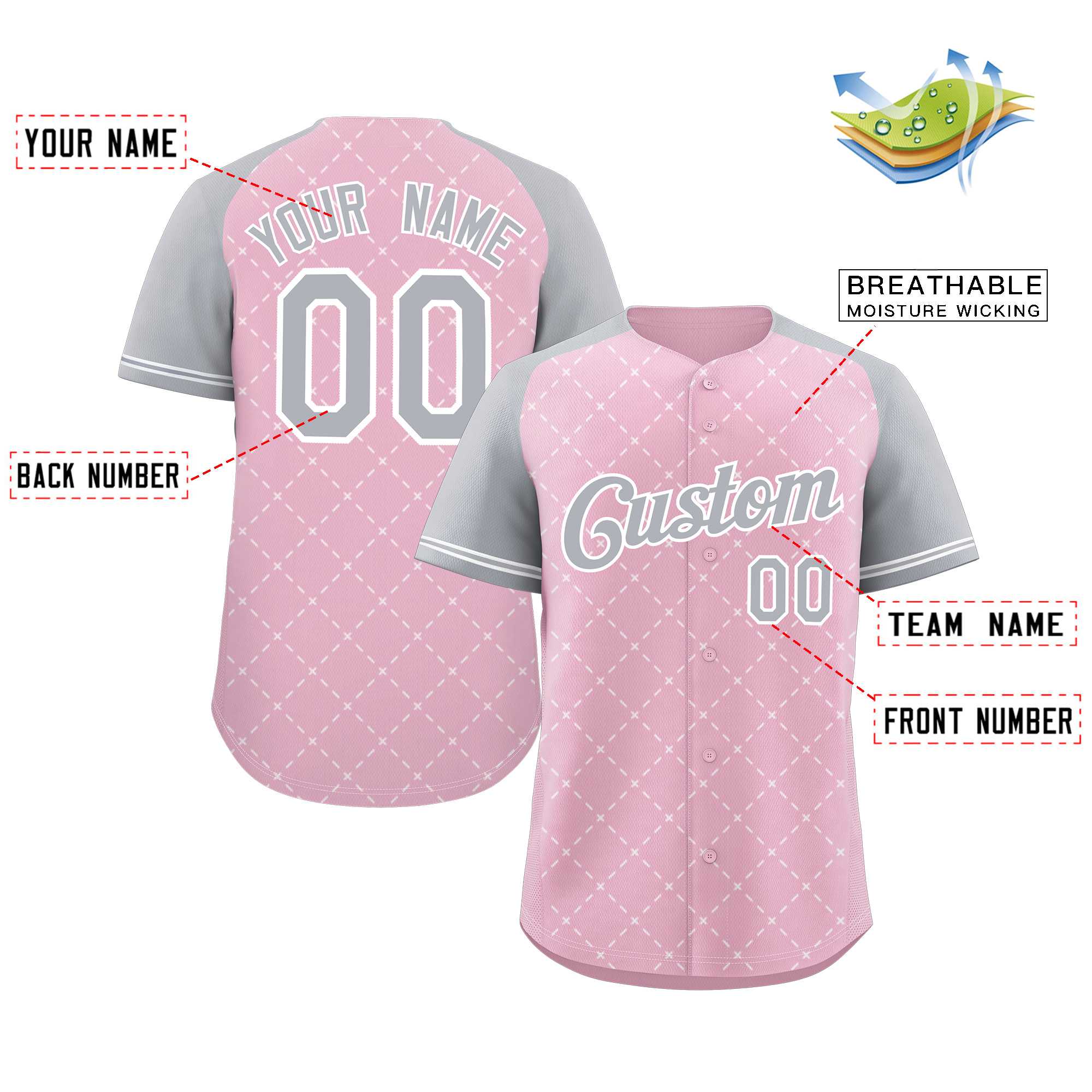 Maillot de baseball authentique à losange rose gris-blanc personnalisé