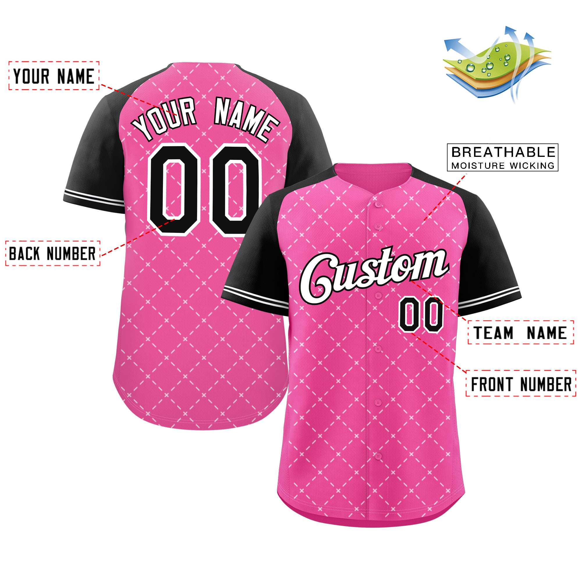 Maillot de baseball authentique à losange rose blanc-noir personnalisé