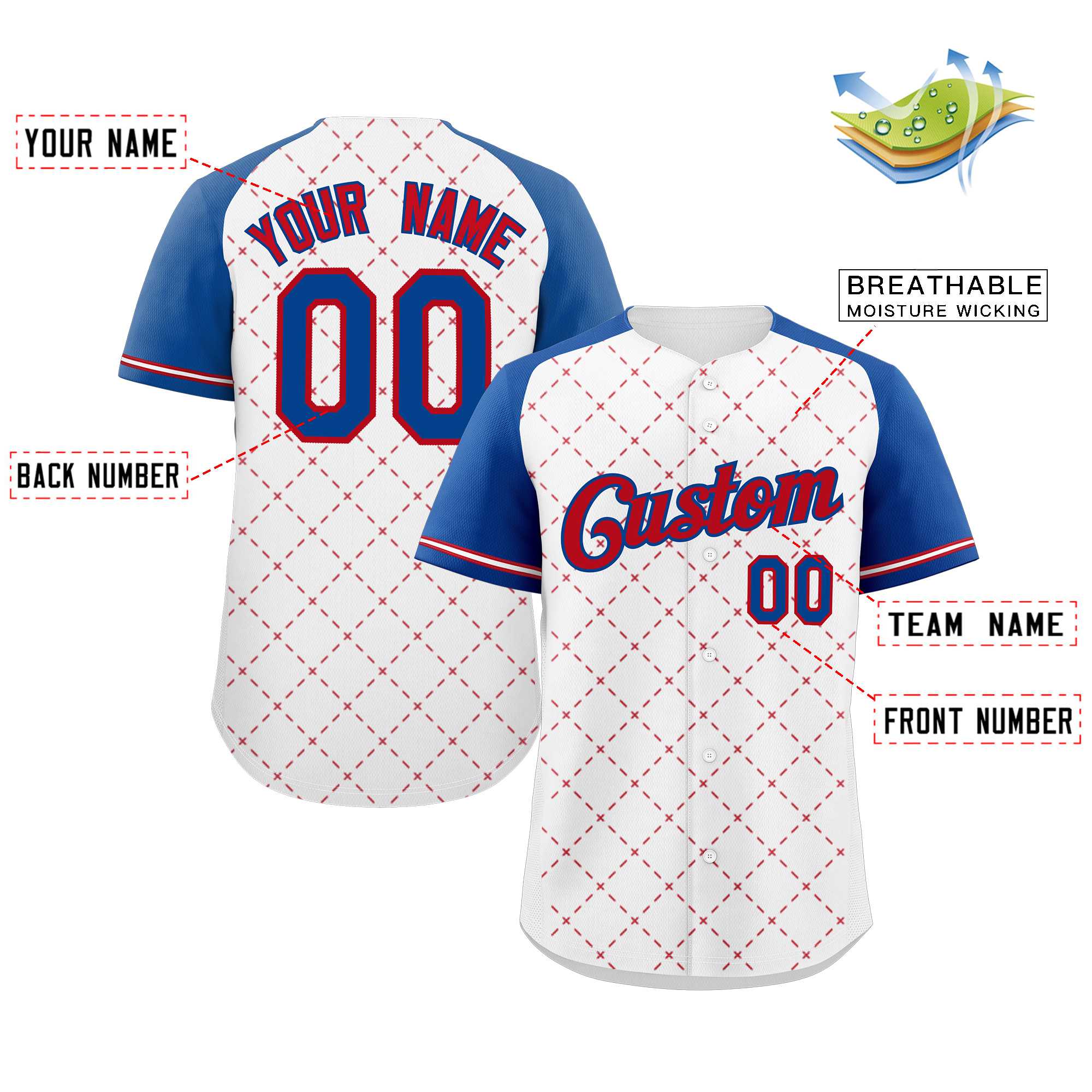 Custom White Red-Royal Rhombus Authentic Baseball Jersey