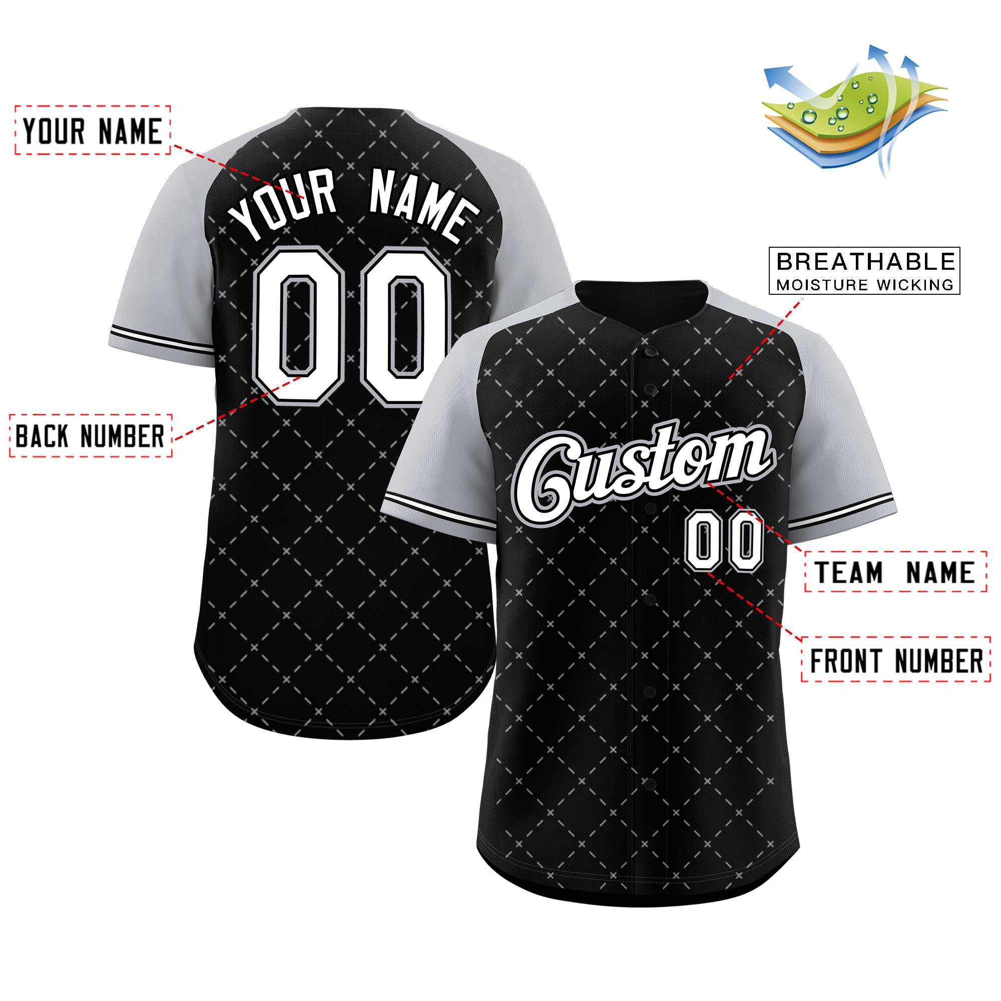 Maillot de baseball authentique personnalisé noir blanc noir-gris losange