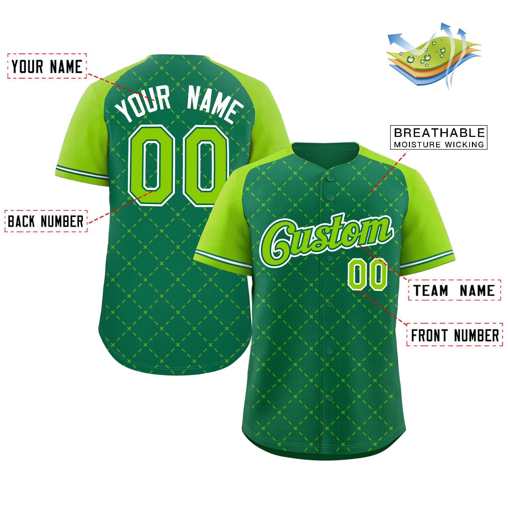 Maillot de baseball personnalisé Kelly vert néon vert Kelly vert-blanc losange authentique