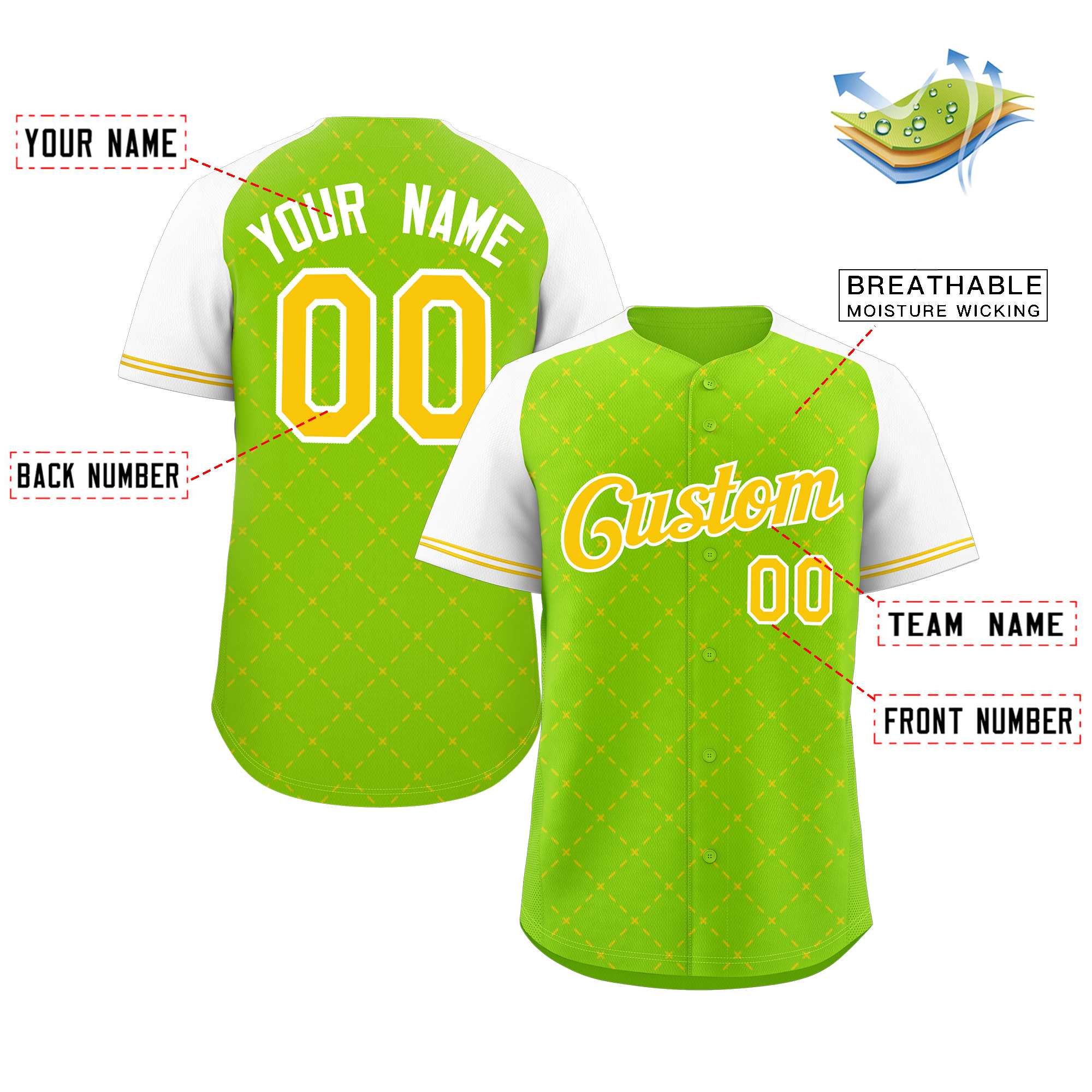 Maillot de baseball authentique personnalisé vert fluo jaune-blanc losange