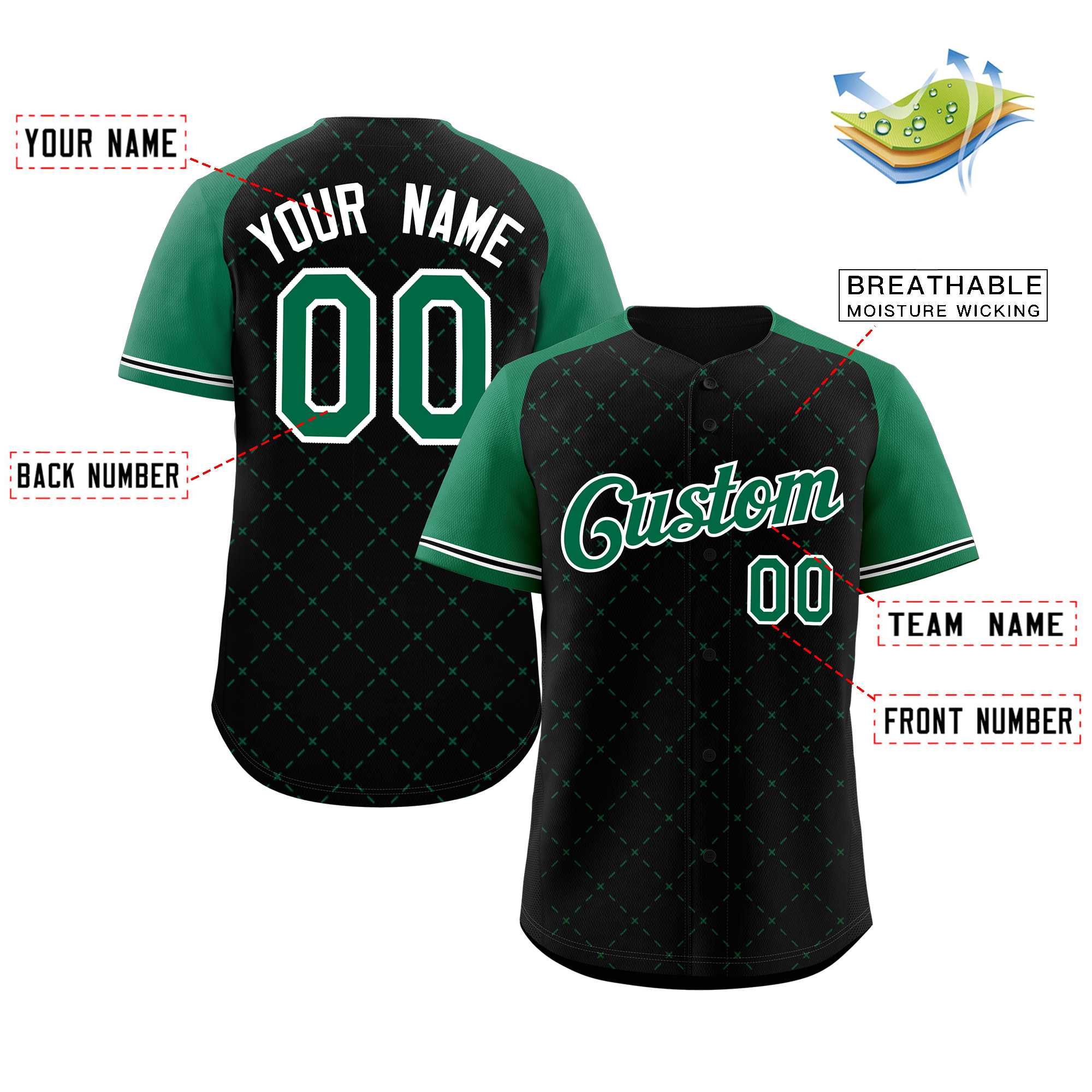 Maillot de baseball authentique noir Kelly vert-blanc losange personnalisé