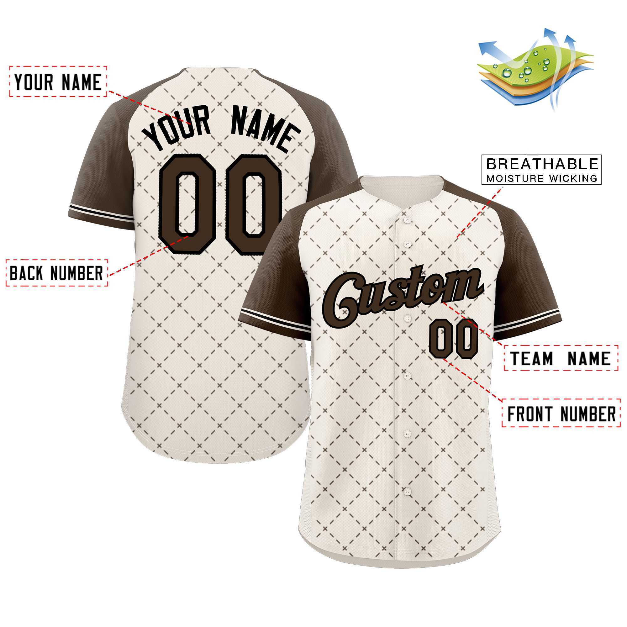 Maillot de baseball authentique personnalisé en forme de losange marron-noir crème