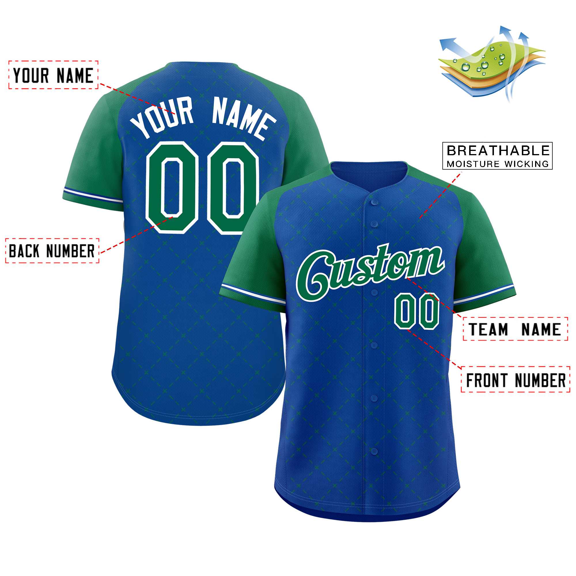 Maillot de baseball personnalisé Royal Kelly vert-blanc losange authentique