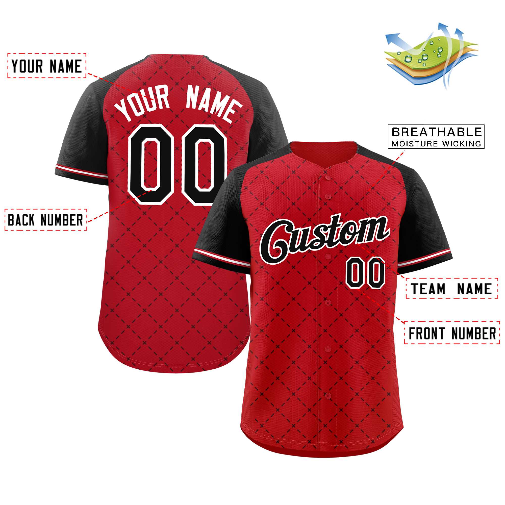 Maillot de baseball authentique losange rouge noir-blanc personnalisé