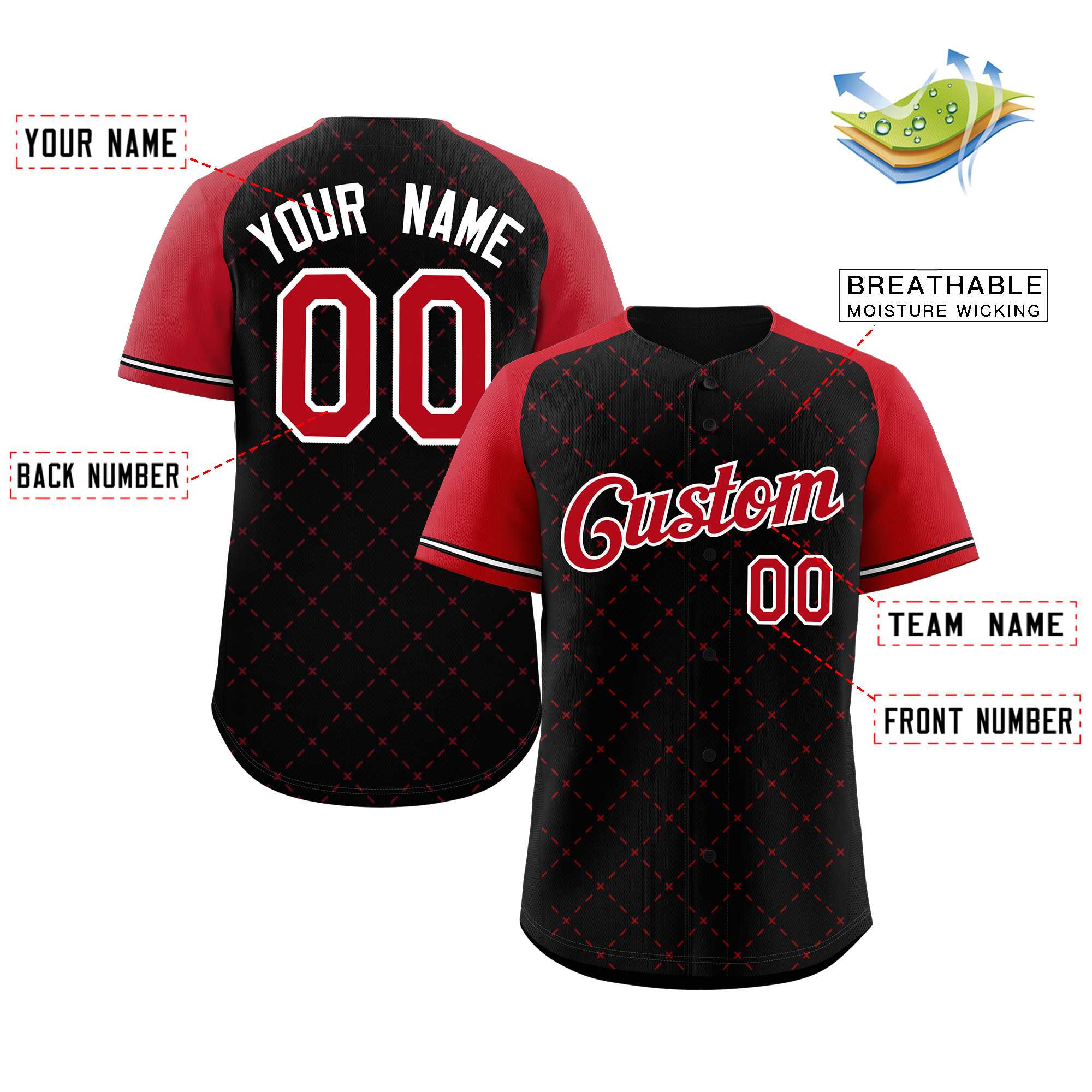 Maillot de baseball authentique à losange noir rouge-blanc personnalisé