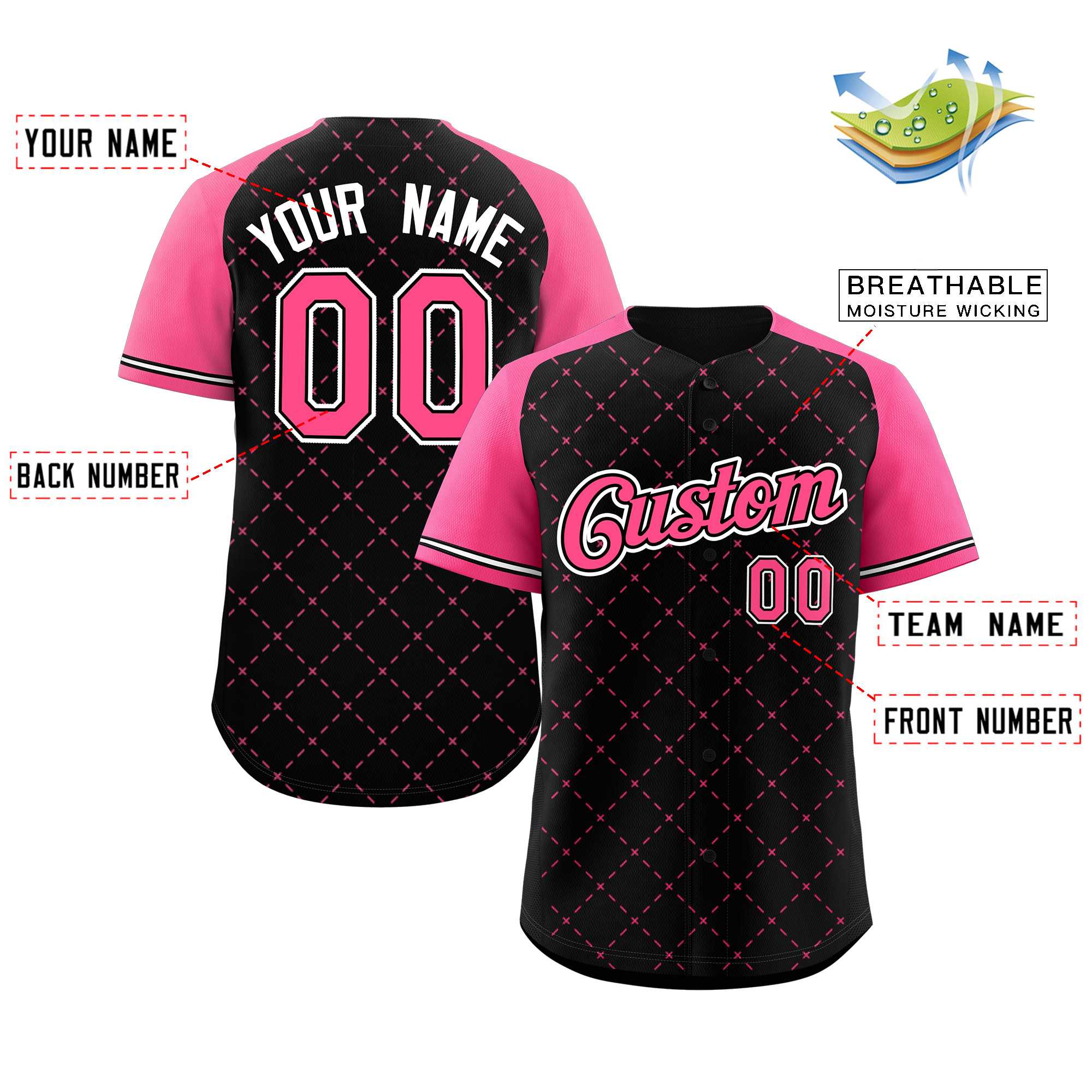 Maillot de baseball authentique personnalisé noir rose noir-blanc losange