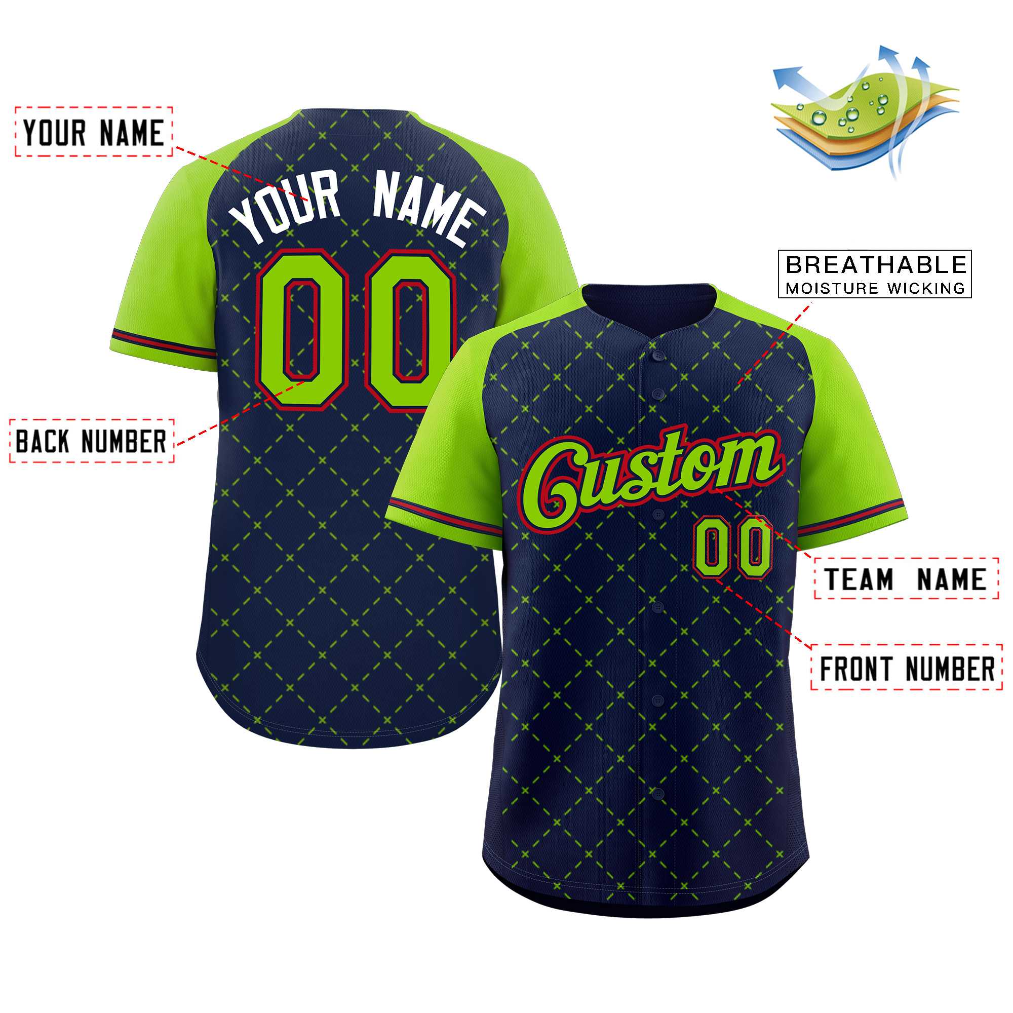 Maillot de baseball personnalisé en forme de losange, vert fluo, bleu marine et rouge, personnalisé