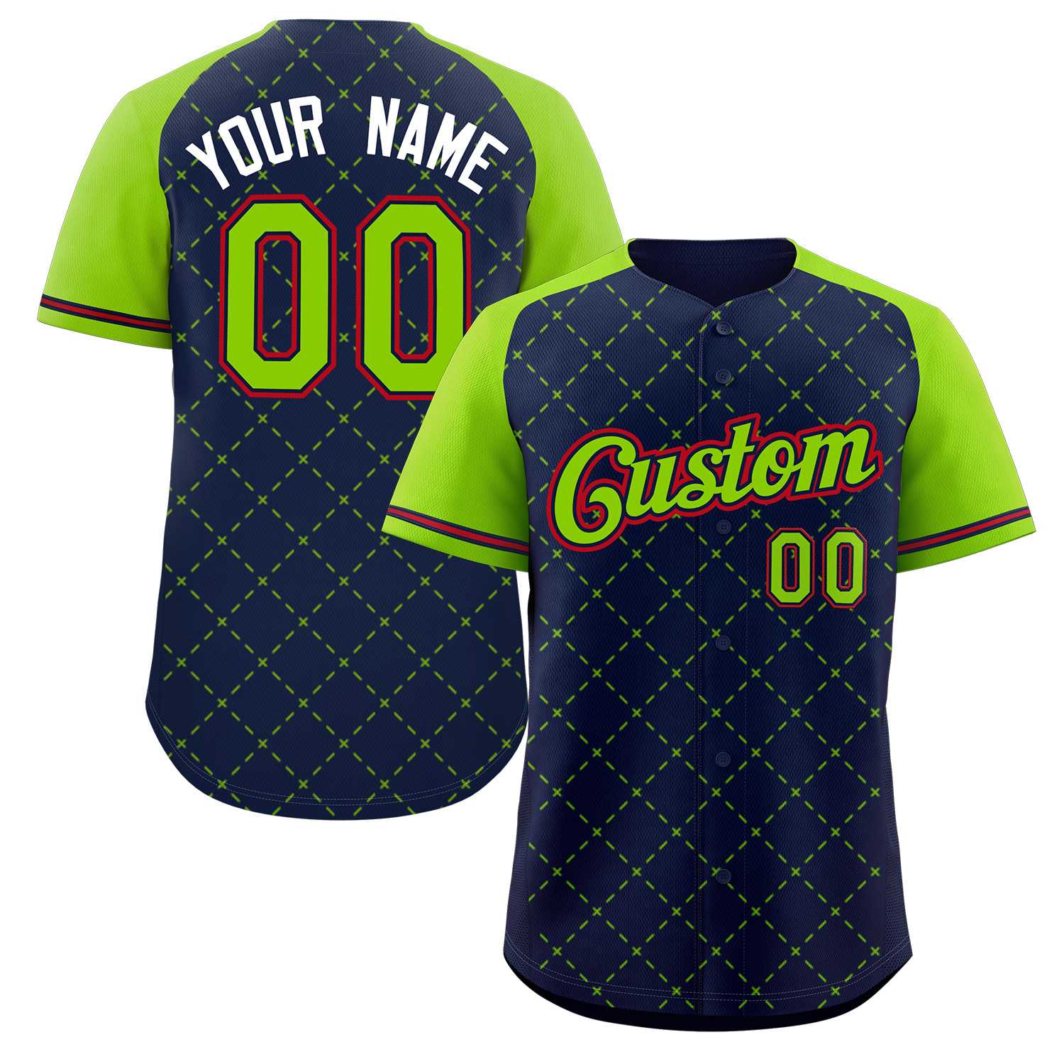 Custom Navy Neon Green Navy-Red Rhombus Authentic Baseball Jersey