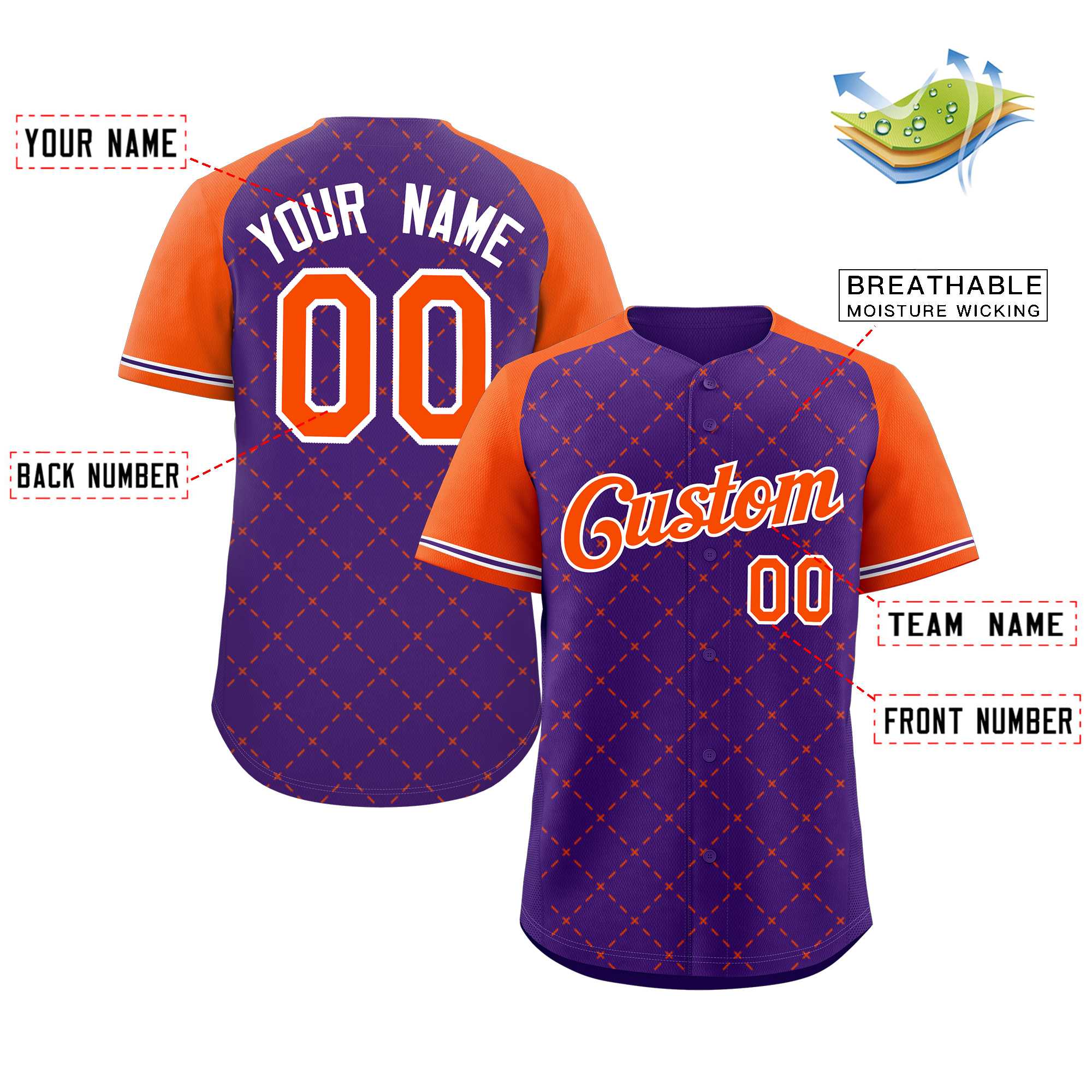 Maillot de baseball authentique personnalisé violet orange-blanc losange