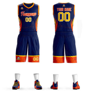 Custom Navy Orange-White Graffiti Pattern Sets Lightning Basketball Jersey