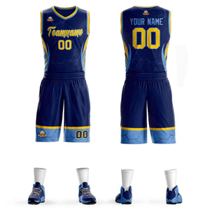 Custom Navy Gold-Light Blue Graffiti Pattern Sets Lightning Basketball Jersey