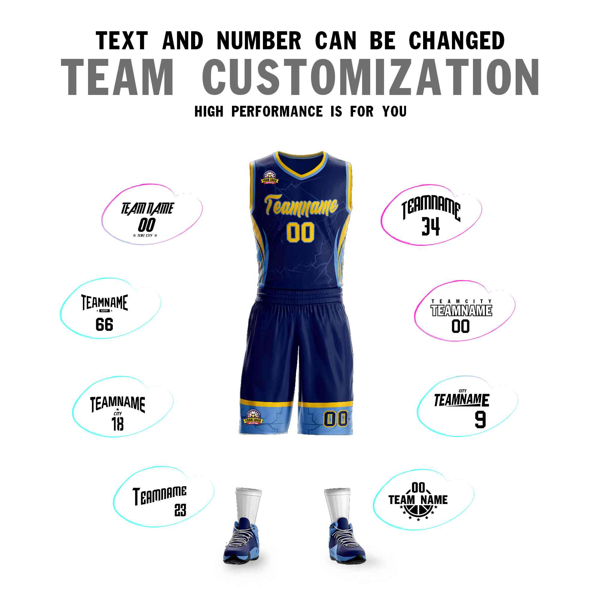 Custom Navy Gold-Light Blue Graffiti Pattern Sets Lightning Basketball Jersey