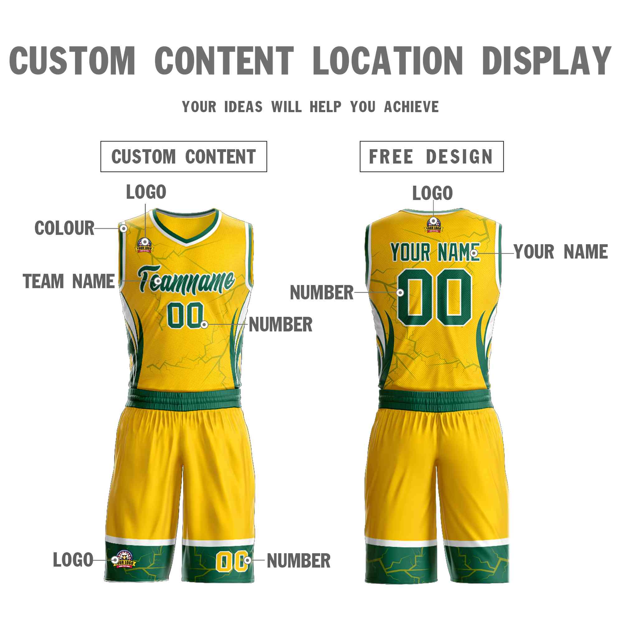 Custom Gold Kelly Green-White Graffiti Pattern Sets Lightning Basketball Jersey