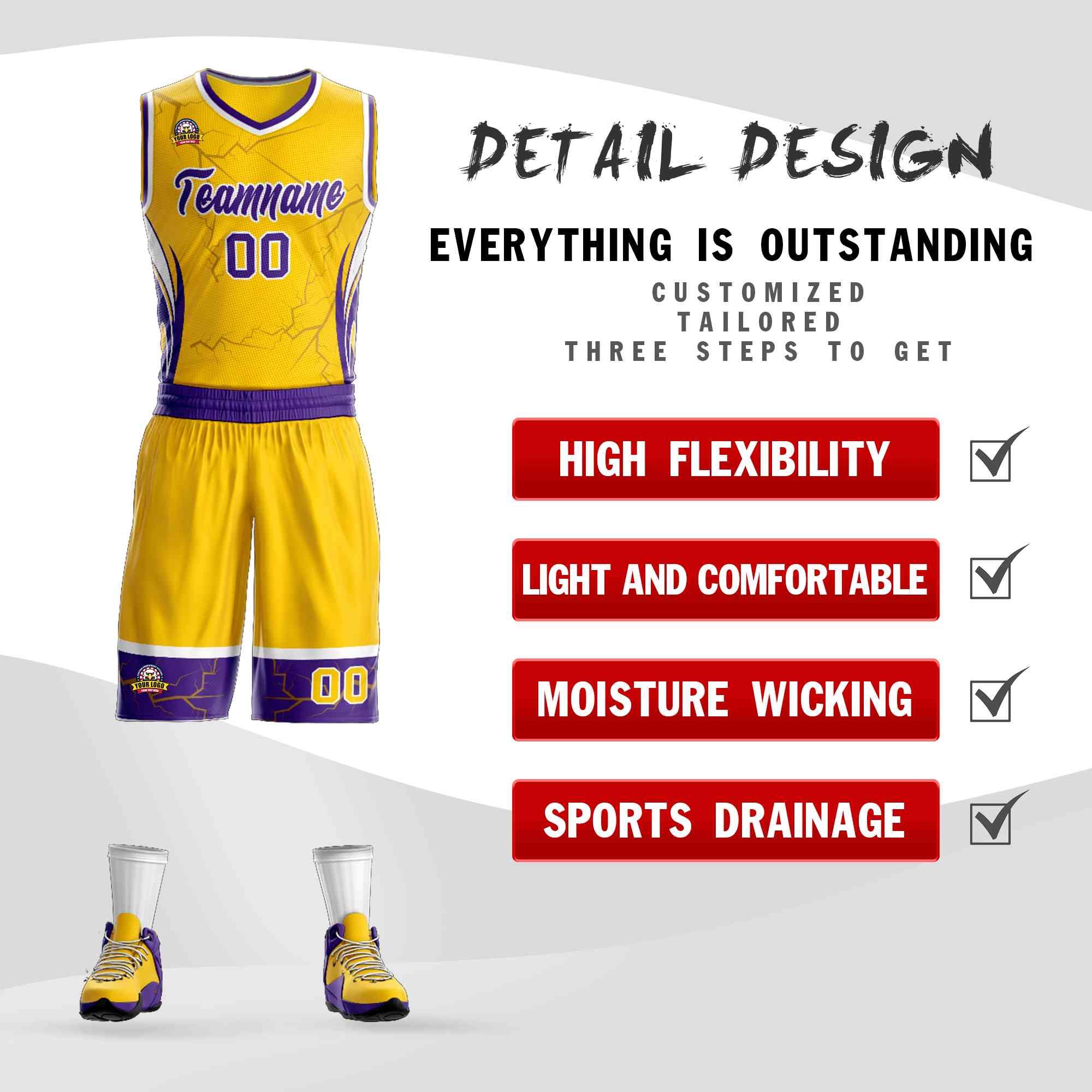 Le motif de graffiti personnalisé en or violet-blanc définit le maillot de basket-ball Lightning