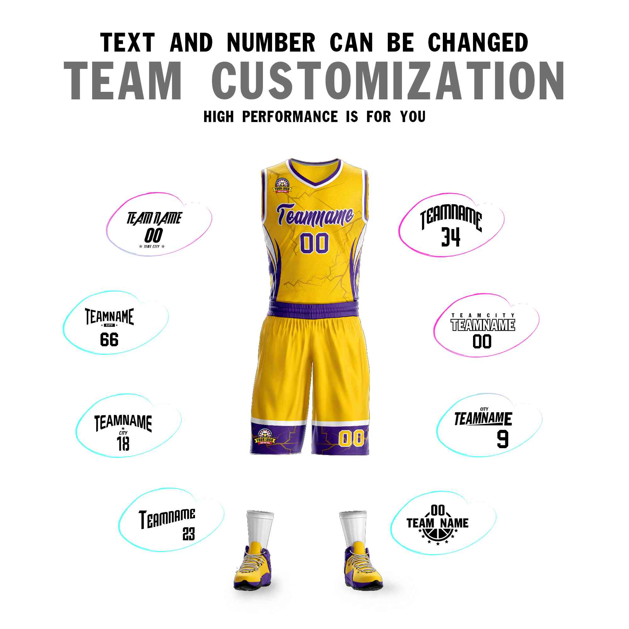 Custom Gold Purple-White Graffiti Pattern Sets Lightning Basketball Jersey